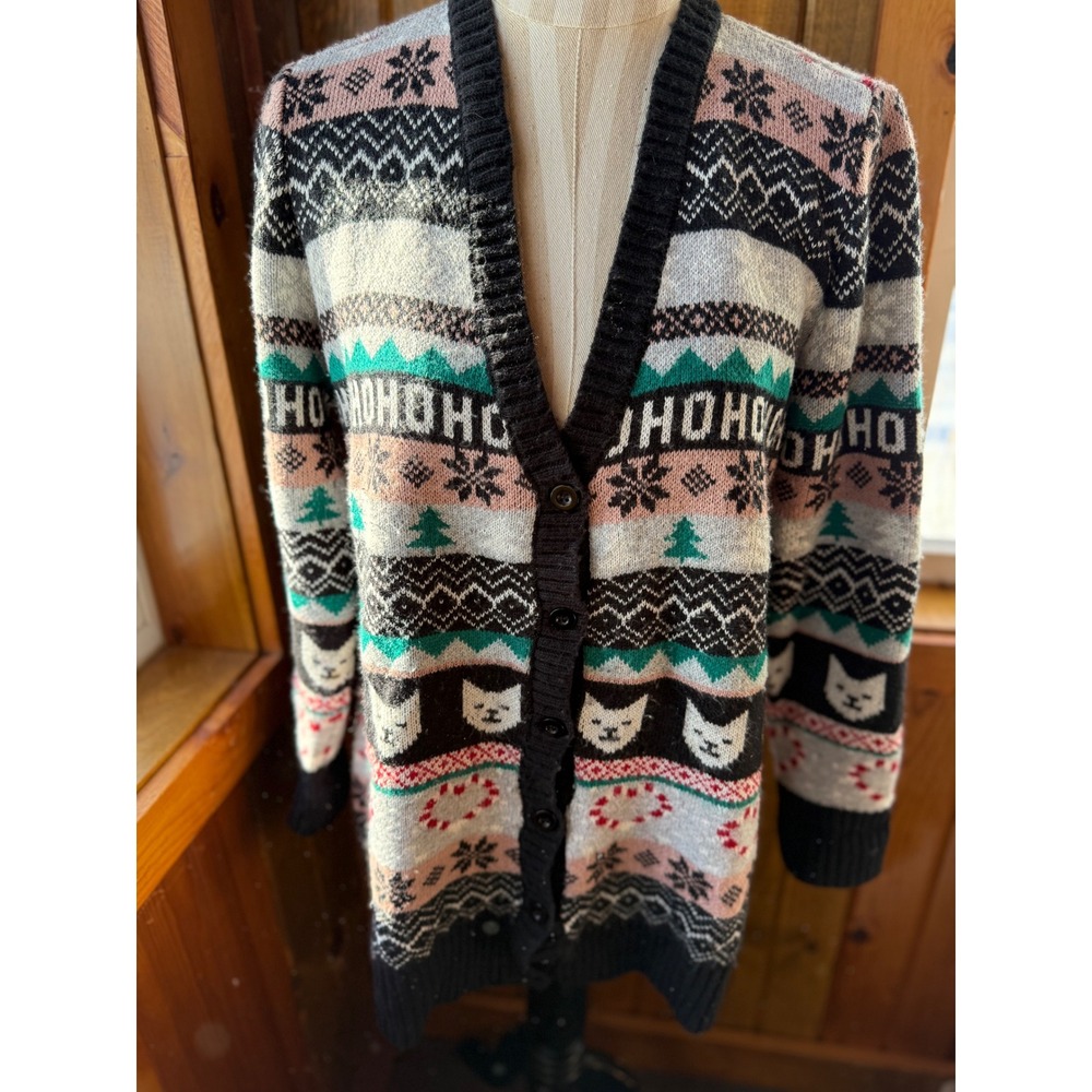Absolutely Famous Women Ugly Christmas Sweater Cardigan Cat Snowflakes Ho HoHo L